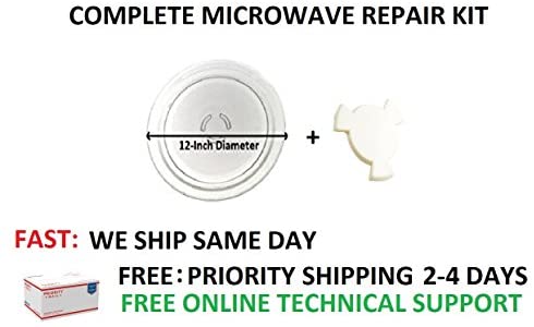 FREE Priority NEW Whirlpool Microwave Complete repair KIT Turntable Glass Plate + Coupler UNI88204 fits Whirlpool Kitchenaid PS373741 12" inches diameter