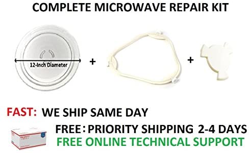 FREE Priority NEW Kitchenaid Microwave Complete repair KIT Turntable Glass Plate + Tray Support + Coupler UNI88201 fits Whirlpool Kitchenaid PS373741 12" inches diameter