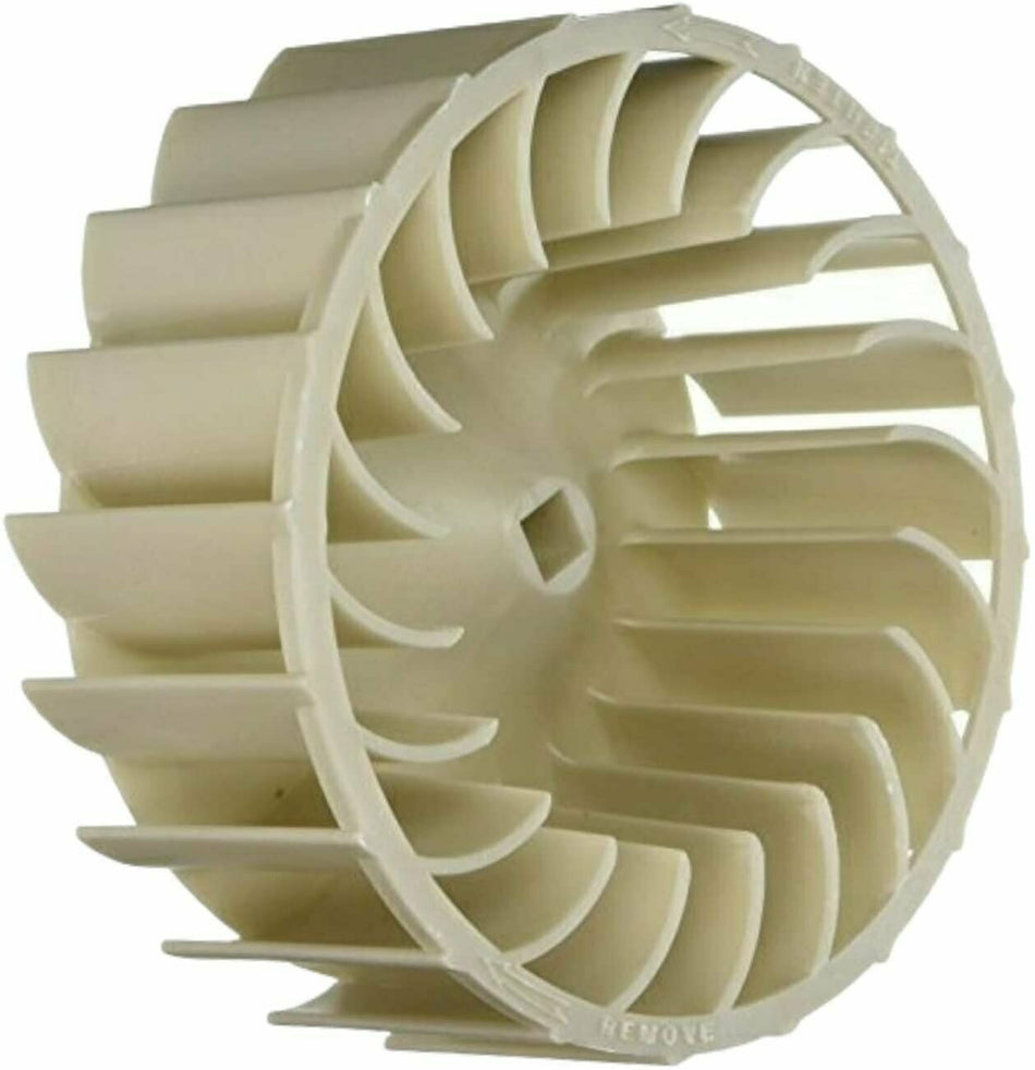 697772 WP697772VP 687613 Dryer The Blower Wheel 697772 measures 7-½" Diameter & Screws on to the motor shaft with left handed threads. 697772 WP697772VP 687613